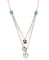 Sweet sea life adorns this darling multi-row pendant necklace from Betsey Johnson. Embellished with a turquoise starfish charm, blue fish with gold tone details and crystal accents, blue crab with gold tone details and crystal accents and crystal-faceted heart with blue-colored accents. Crafted in antique gold tone mixed metal. Approximate length: 16 inches + 3-inch extender. Approximate drop: 3-1/4 inches.