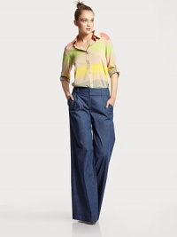 Lightweight denim in a wide, leg-lengthening silhouette tailored with a shapely contour waistband and front pleats.Wide waistband with belt loopsZip-flyPleated frontSlash pocketsBack welt pocketsRise, about 9Inseam, about 3798% cotton/2% elastaneDry cleanMade in USAModel shown is 5'10 (177cm) wearing US size 4. Lightweight denim in a wide, leg-lengthening silhouette tailored with a shapely contour waistband and front pleats.Wide waistband with belt loopsZip-flyPleated frontSlash pocketsBack welt pocketsRise, about 9Inseam, about 3798% cotton/2% elastaneDry cleanMade in USAModel shown is 5'10 (177cm) wearing US size 4.