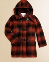 Featuring a bold check print, leather toggle closure and a detachable hood, this plush wool-blend topper is a cold-weather must-have.Detachable hoodShirt collarLong sleevesFront toggle closureFront slash pocketsFront flap patch pocketsFully lined80% wool/10% mohair/10% nylonDry cleanImported Please note: Number of buttons may vary depending on size ordered. 