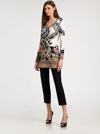 An explosive floral and paisley-inspired pattern decorates this soft, fine-knit stretch style.V necklineLong sleeves90% cotton/10% elastaneDry cleanMade in ItalyModel shown is 5'11 (180cm) wearing US size 4. An explosive floral and paisley-inspired pattern decorates this soft, fine-knit stretch style.V necklineLong sleeves90% cotton/10% elastaneDry cleanMade in ItalyModel shown is 5'11 (180cm) wearing US size 4.