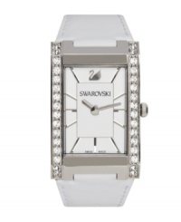 Mark every minute with subtle glamour. Citra watch by Swarovski crafted of white leather strap and rectangular stainless steel case. Pave crystal at bezel on left and right. White sunray dial features silver tone stick indices, logo at twelve o'clock and two hands. Swiss quartz movement. Water resistant to 30 meters. Two-year limited warranty. Mark every minute with subtle glamour. Citra watch by Swarovski crafted of white leather strap and rectangular stainless steel case. Pave crystal at bezel on left and right. White sunray dial features silver tone stick indices, logo at twelve o'clock and two hands. Swiss quartz movement. Water resistant to 30 meters. Two-year limited warranty.