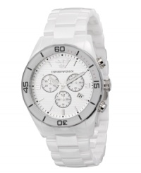 Emporio Armani adds a unique glass bezel to this gleaming ceramic design. Watch crafted of white ceramic bracelet and round case. Glass bezel with black numerals and stick indices. White horizontally striped chronograph dial features silver tone stick indices, numerals at three and nine o'clock, date window at four o'clock, three subdials, logo and three hands. Quartz movement. Water resistant to 50 meters. Two-year limited warranty. Emporio Armani adds a unique glass bezel to this gleaming ceramic design. Watch crafted of white ceramic bracelet and round case. Glass bezel with black numerals and stick indices. White horizontally striped chronograph dial features silver tone stick indices, numerals at three and nine o'clock, date window at four o'clock, three subdials, logo and three hands. Quartz movement. Water resistant to 50 meters. Two-year limited warranty.