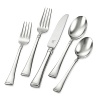 A more classic looking flatware set with touch of detail. Includes service for 8 with 5 serving pieces (serving spoon, slotted spoon, serving fork, butter knife and sugar spoon).