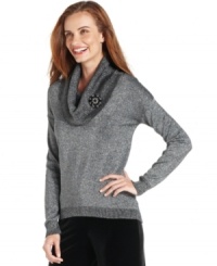 Ellen Tracy's metallic cowl-neck sweater adds shine to any day. The brooch is such a special touch, too! Ellen Tracy's metallic cowl-neck sweater adds shine to any day. The brooch is such a special touch, too!