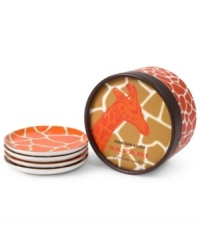 Stick your neck out with giraffe-patterned Safari coasters. Gold-banded orange and brown spots adorn high-fired porcelain from Jonathan Adler. Stick your neck out with giraffe-patterned Safari coasters. Gold-banded orange and brown spots adorn high-fired porcelain from Jonathan Adler.