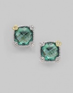 From the Linen Collection. A small cushion-cut green quartz stone shimmers in a sterling silver and 18K gold setting.Green quartz 18K gold Sterling silver Width, about ¼ Post backs Imported 