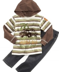 Monster style. Get him revved up to go out and play in this layered hooded shirt and jeans combo from Nannette. Monster style. Get him revved up to go out and play in this layered hooded shirt and jeans combo from Nannette.