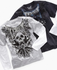 A slider tee for your born-to-be-wild guy: Tapout logo T-shirt with Tri Skull graphic and metallic accents. A slider tee for your born-to-be-wild guy: Tapout logo T-shirt with Tri Skull graphic and metallic accents.