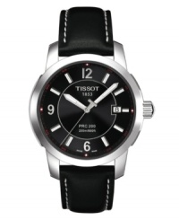Time to go luxe. This Tissot watch features a black leather strap with white stitching and stainless steel case. Black dial with logo, date window at 3 o'clock and silvertone numerals at 12, 6 and 9 o'clock. Quartz movement. Water resistant to 200 meters. Two-year limited warranty. Time to go luxe. This Tissot watch features a black leather strap with white stitching and stainless steel case. Black dial with logo, date window at 3 o'clock and silvertone numerals at 12, 6 and 9 o'clock. Quartz movement. Water resistant to 200 meters. Two-year limited warranty.