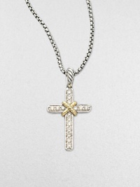 A cross of luminous pavé diamonds, accented with 18k yellow gold, hangs from a sterling silver chain.Diamond, 0.25 tcw 18k yellow gold Sterling silver Pendant length, about ¾ Chain length, about 16-17 Lobster clasp Imported A cross of luminous pavé diamonds, accented with 18k yellow gold, hangs from a sterling silver chain.Diamond, 0.25 tcw 18k yellow gold Sterling silver Pendant length, about ¾ Chain length, about 16-17 Lobster clasp Imported
