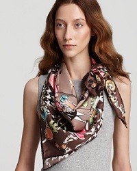 This Salvatore Ferragamo design features a fantasy shopping motif with color pops of pink against a neutral taupe backdrop. This Salvatore Ferragamo design features a fantasy shopping motif with color pops of pink against a neutral taupe backdrop.