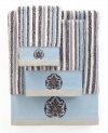 Sweet serenity. Offering a romantic and elegant composition for your bath space, this Aquarelle Embroidery washcloth features beautiful stripes in soft blue hues. Embellished with subtle embroidery along the hem.