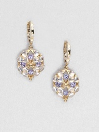 A pretty cluster of luminous royal blue moonstone and faceted tanzanite set in radiant 18k gold and accented with sparkling diamonds. Royal blue moonstone and tanzaniteDiamonds, .03 tcw18k goldSize, about 1Lever backMade in Italy