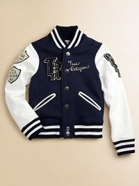 He'll earn his letter for style when he sports this light yet warm team jacket with pewter-tone buttons and vintage appliques.Rib knit collarButton frontSlash pocketsBanded bottomLong sleeves with banded cuffsCottonMachine washMade in USA Please note: number of buttons may vary depending on the size ordered. He'll earn his letter for style when he sports this light yet warm team jacket with pewter-tone buttons and vintage appliques.Rib knit collarButton frontSlash pocketsBanded bottomLong sleeves with banded cuffsCottonMachine washMade in USA Please note: number of buttons may vary depending on the size ordered.