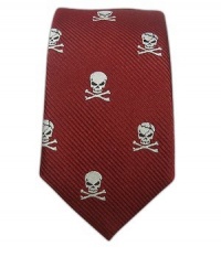 100% Silk Woven Red Skull and Crossbones Skinny Tie