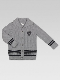 Classic cardigan with shawl collar, rendered in extra-fine merino wool with contrasting stripes and Gucci crest patch.Shawl collarLong sleevesButton-frontFront patch pocketsRibbed cuffs and hemMerino woolDry cleanMade in Italy Please note: Number of buttons may vary depending on size ordered. Classic cardigan with shawl collar, rendered in extra-fine merino wool with contrasting stripes and Gucci crest patch.Shawl collarLong sleevesButton-frontFront patch pocketsRibbed cuffs and hemMerino woolDry cleanMade in Italy Please note: Number of buttons may vary depending on size ordered.