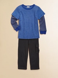 A sporty combo with striped ribbed sleeves, a t-shirt overlay and cool knit cargo pants. Shirt CrewneckShort sleeves over long sleeves with cuffs Pants Pull-on styleSingle cargo pocket50% polyester/38% cotton/12% rayonMachine washImported A sporty combo with striped ribbed sleeves, a t-shirt overlay and cool knit cargo pants. Shirt CrewneckShort sleeves over long sleeves with cuffs Pants Pull-on styleSingle cargo pocket50% polyester/38% cotton/12% rayonMachine washImported