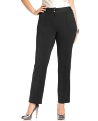 A sleek silhouette elegantly defines Alfani's straight-leg plus size pants, featuring a comfort waist. A sleek silhouette elegantly defines Alfani's straight-leg plus size pants, featuring a comfort waist.
