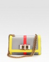 A chic colorblocked style in patent and smooth leather with a sweet bow detail, gold tone hardware and signature red lining.Chain shoulder strap, 12 dropPush-lock flap closureOne open pocket under flapOne inside zip pocketOne inside open pocketSignature red lining10W X 6¼H X 2¾DMade in Italy