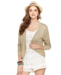 In a metallic knit, this Bar III cardigan adds high-shine to any spring outfit! In a metallic knit, this Bar III cardigan adds high-shine to any spring outfit!