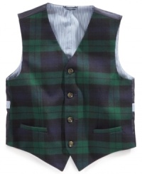 Add a dose of traditional plaid to his everyday attire with Tommy Hilfiger's preppy-inspired vest. Add a dose of traditional plaid to his everyday attire with Tommy Hilfiger's preppy-inspired vest.