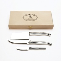 Classic trio of cheese servers includes 4.5 fork-tipped knife, 4 cleaver and 2.75 spreader. Stainless steel handles and blades. Wooden gift box. Classic trio of cheese servers includes 4.5 fork-tipped knife, 4 cleaver and 2.75 spreader. Stainless steel handles and blades. Wooden gift box.