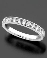 Capture the romance with a solid row of sparkle. A masterfully crafted wedding band that features round-cut channel-set certified diamond in a polished 14k white gold setting. Capture the romance with a solid row of sparkle. A masterfully crafted wedding band that features round-cut channel-set certified diamond in a polished 14k white gold setting.