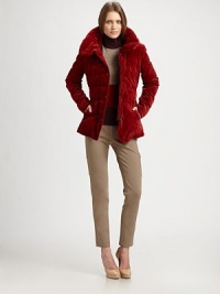 Plush velvet elevates the classic, quilted down jacket.Attached drawstring hoodStand collarSnap frontSide zip pocketsFully linedAbout 26 from shoulder to hem73% cotton/27% modalDry cleanImportedModel shown is 5'11 (180cm) wearing US size 4. Plush velvet elevates the classic, quilted down jacket.Attached drawstring hoodStand collarSnap frontSide zip pocketsFully linedAbout 26 from shoulder to hem73% cotton/27% modalDry cleanImportedModel shown is 5'11 (180cm) wearing US size 4.
