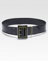 Polished leather belt with plexiglass and metal buckle. Width, about 2Made in Italy