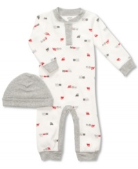 After his morning bath, he'll enjoy getting cozy in this 2 piece coverall set by Carter's. Includes cute matching hat. After his morning bath, he'll enjoy getting cozy in this 2 piece coverall set by Carter's. Includes cute matching hat.