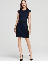 Anne Klein reinvents a classic cap sleeve dress with modern color blocking and edgy exposed-zip details. Anne Klein reinvents a classic cap sleeve dress with modern color blocking and edgy exposed-zip details.