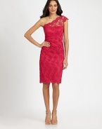 Delicately embroidered floral lace, in an asymmetrical style with prettily scalloped edges.Asymmetrical necklineSingle cap sleeveScalloped edgesConcealed side zipFully linedAbout 24 from natural waistPolyesterDry cleanMade in USA of imported fabricModel shown is 5'10½ (179cm) wearing US size 4. 