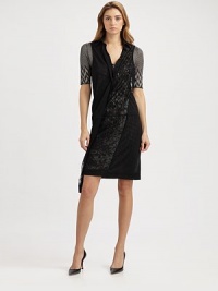 This soft knit style features graphically woven sleeves and a sheer, twisted overlay.Point collarShort sleevesFront button placketTwisted sheer overlay with asymmetrical drape Fully linedAbout 26 from natural waist75% viscose/25% polyesterDry cleanMade in Italy of imported fabricModel shown is 5'11 (180cm) wearing US size Small. This soft knit style features graphically woven sleeves and a sheer, twisted overlay.Point collarShort sleevesFront button placketTwisted sheer overlay with asymmetrical drape Fully linedAbout 26 from natural waist75% viscose/25% polyesterDry cleanMade in Italy of imported fabricModel shown is 5'11 (180cm) wearing US size Small.