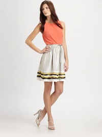Colorblocked chic in this pleated frock finished with tiered applique at the hem.Jewel necklineSleevelessBodice dartsSkinny beltGathered skirtCenter back zipperAbout 20 from natural waistPolyester/rayonDry cleanImportedModel shown is 5'10 (178cm) wearing US size 4. Colorblocked chic in this pleated frock finished with tiered applique at the hem.Jewel necklineSleevelessBodice dartsSkinny beltGathered skirtCenter back zipperAbout 20 from natural waistPolyester/rayonDry cleanImportedModel shown is 5'10 (178cm) wearing US size 4.