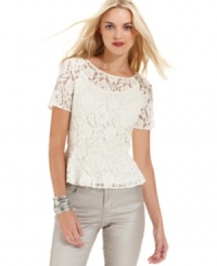 Pep up your look with this DKNY Jeans lace peplum top. Pair it with a tank top and coated jeans for sweet-meets-sultry appeal. Pep up your look with this DKNY Jeans lace peplum top. Pair it with a tank top and coated jeans for sweet-meets-sultry appeal.