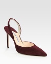 Endless versatility in its truest form, this sophisticated suede silhouette has a point toe, skinny heel and stretchy slingback strap. Self-covered heel, 4 (100mm)Suede upperLeather lining and solePadded insoleMade in ItalyOUR FIT MODEL RECOMMENDS ordering one half size up as this style runs small. 