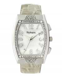 A mark of distinction. Lovely watch by Style&co. crafted of metallic gray croc-embossed leather strap and barrel-shaped silver tone mixed metal case. Bezel embellished with crystal accents. White mother-of-pearl dial features applied silver tone numerals, three hands and logo. Quartz movement. Splash resistant. Two-year limited warranty. A mark of distinction. Lovely watch by Style&co. crafted of metallic gray croc-embossed leather strap and barrel-shaped silver tone mixed metal case. Bezel embellished with crystal accents. White mother-of-pearl dial features applied silver tone numerals, three hands and logo. Quartz movement. Splash resistant. Two-year limited warranty.