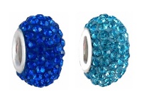Two (2) Piece Pandora Style Charm Beads - Pave Crystal Style (14mm x 9mm) (fits Pandora, Biagi, Chamilia & Troll too) ~ Aqua Blue and Sapphire Blue (FB152)