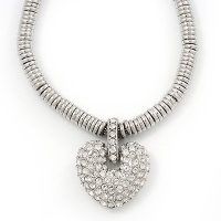 Rhodium Plated Swarovski Crystal Puffed Heart Necklace - 38cm Length/ 7cm Extension Rhodium Plated Swarovski Crystal Puffed Heart Necklace - 38cm Length/ 7cm Extension