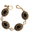 Ornate elegance can be found in this link bracelet from Lucky Brand. Crafted from carefully etched gold-tone mixed metal, semi-precious onyx and glass accents add glamour. Approximate length: 7-3/4 inches.