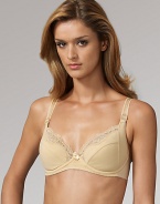 A pretty underwire nursing bra with cups specially constructed for soft comfort and absorbency where you need it most. Easy-cup release allows one-handed operation Power-mesh wings anchor bra in place Cotton/nylon/lycra/spandex; hand wash Imported