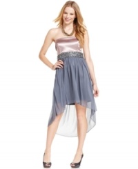 In this high-low dress from Jump, a classic empire waistline and sequined elements create a party-look that nobody will forget! In this high-low dress from Jump, a classic empire waistline and sequined elements create a party-look that nobody will forget!