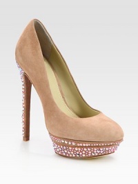 Sparkling, strategically placed crystals add a touch of glimmer to this suede platform pump. Crystal-coated heel, 5½ (140mm)Crystal-coated island platform, 1 (25mm)Compares to a 4½ heel (115mm)Suede upperLeather lining and crystal-coated solePadded insoleImportedOUR FIT MODEL RECOMMENDS ordering one size up as this style runs small. Sparkling, strategically placed crystals add a touch of glimmer to this suede platform pump. Crystal-coated heel, 5½ (140mm)Crystal-coated island platform, 1 (25mm)Compares to a 4½ heel (115mm)Suede upperLeather lining and crystal-coated solePadded insoleImportedOUR FIT MODEL RECOMMENDS ordering one size up as this style runs small.