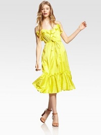 Vibrant silk jacquard finished with a hint of stretch, all in a ruffled midi-length frock.Spaghetti strapsV necklineButton closure at bodiceElastic waistRibbon sashRuffled hemAbout 26 from natural waist95% silk/5% spandexDry cleanMade in USA of imported fabricModel shown is 5'11 (180cm) wearing US size 4. Vibrant silk jacquard finished with a hint of stretch, all in a ruffled midi-length frock.Spaghetti strapsV necklineButton closure at bodiceElastic waistRibbon sashRuffled hemAbout 26 from natural waist95% silk/5% spandexDry cleanMade in USA of imported fabricModel shown is 5'11 (180cm) wearing US size 4.