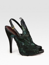 Iridescent feathers top this suede peep toe silhouette with a tall heel and adjustable slingback straps. Suede-covered heel, 5¼ (130mm)Covered platform, ¾ (20mm)Compares to a 4½ heel (115mm)Suede and feather upperPeep toeLeather lining and solePadded insoleMade in Italy Iridescent feathers top this suede peep toe silhouette with a tall heel and adjustable slingback straps. Suede-covered heel, 5¼ (130mm)Covered platform, ¾ (20mm)Compares to a 4½ heel (115mm)Suede and feather upperPeep toeLeather lining and solePadded insoleMade in Italy