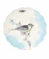 A sparrow in shades of blue, lavender and yellow perches on this scalloped Bloom Bird salad plate. Mix and match this fanciful dish with other Edie Rose by Rachel Bilson designs to create your own tabletop garden party.