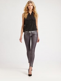 Slim-fit skinny jeans in a stretchy silhouette, coated in a shimmering metallic finish. THE FITRise, about 8Inseam, about 30THE DETAILSButton closureZip flyFour-pocket styleCotton/polyester/LycraDry cleanMade in USASIZE & FITModel shown is 5'10 (177cm) wearing US size 4. Slim-fit skinny jeans in a stretchy silhouette, coated in a shimmering metallic finish. THE FITRise, about 8Inseam, about 30THE DETAILSButton closureZip flyFour-pocket styleCotton/polyester/LycraDry cleanMade in USASIZE & FITModel shown is 5'10 (177cm) wearing US size 4.