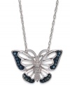Soar to new heights of style. This butterfly pendant, set in sterling silver, sparkles with blue and green diamond accents (1/10 ct. t.w.) providing a lustrous touch. Approximate length: 18 inches. Approximate drop length: 1/2 inch. Approximate drop width: 3/4 inch.