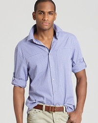 Imbued with casual cool style, this go-anywhere sport shirt from Elie Tahari features a handsome allover check print and a modern, slim fit. Imbued with casual cool style, this go-anywhere sport shirt from Elie Tahari features a handsome allover check print and a modern, slim fit.