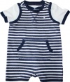 Ralph Lauren Layette Boy's Striped Shortall Set (6 Month, Navy Blue)